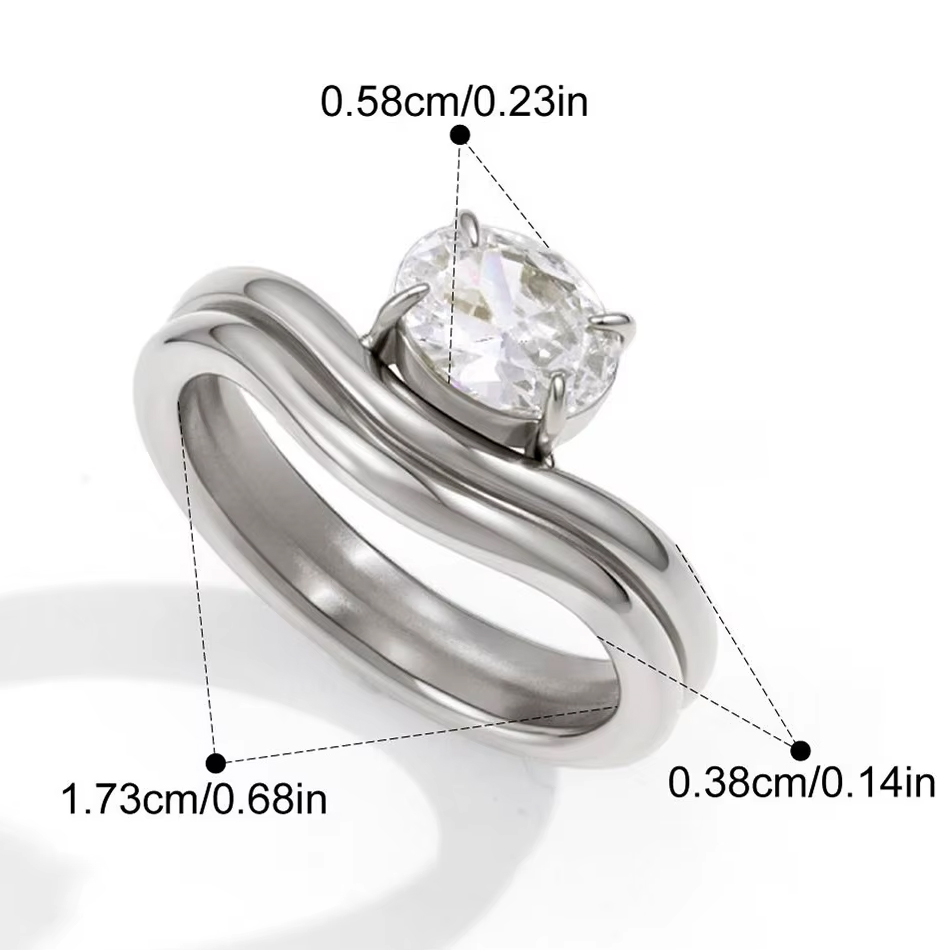 Двухслойное волновое кольцо из нержавеющей стали OEM Custom Jewelry для женщин с элегантным овальным белым цирконием, классические ювелирные изделия для свадебной вечеринки
